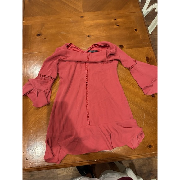 White House Black Market Dress Women's 12 Pink Crochet Trim Bell Sleeve Ruffle - Picture 5 of 5